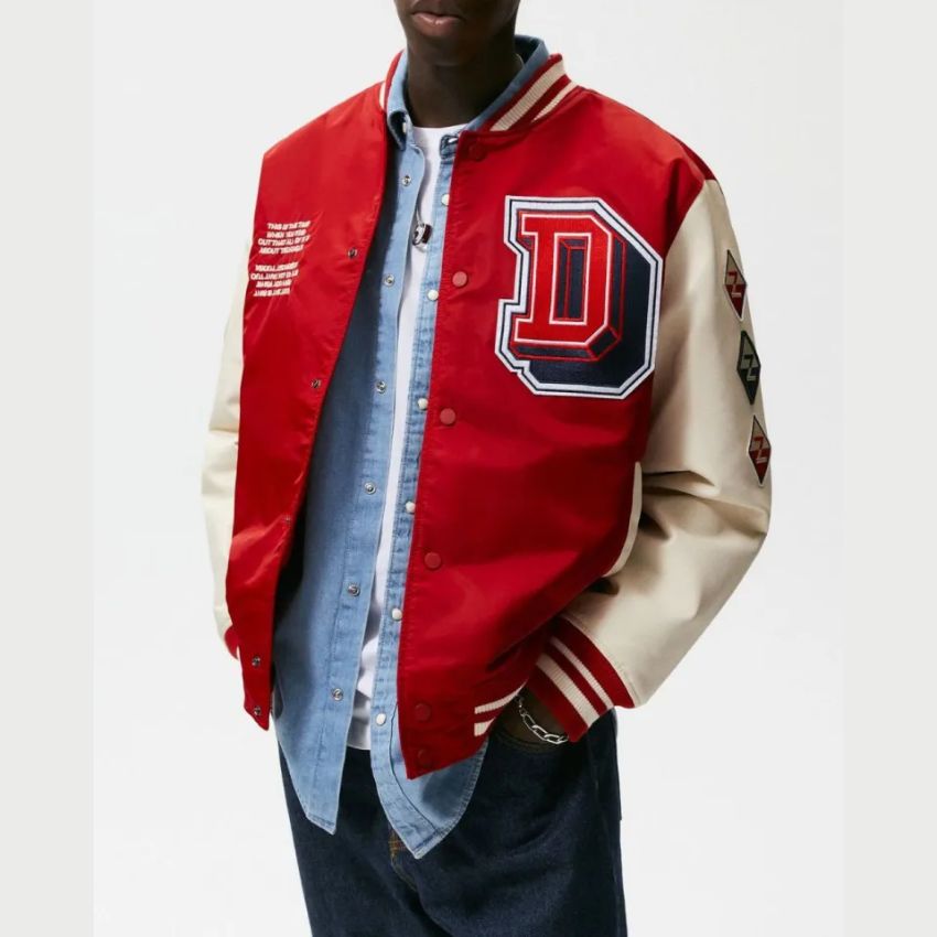 ZARA Men’s Retro-Inspired Varsity Letterman Jacket In Bold Red With White Contrast Sleeves Chenille D Patch
