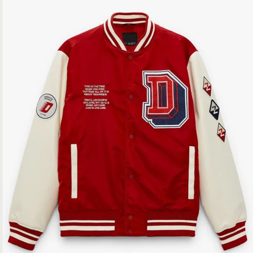ZARA Men’s Retro-Inspired Varsity Letterman Jacket In Bold Red With White Contrast Sleeves Chenille D Patch