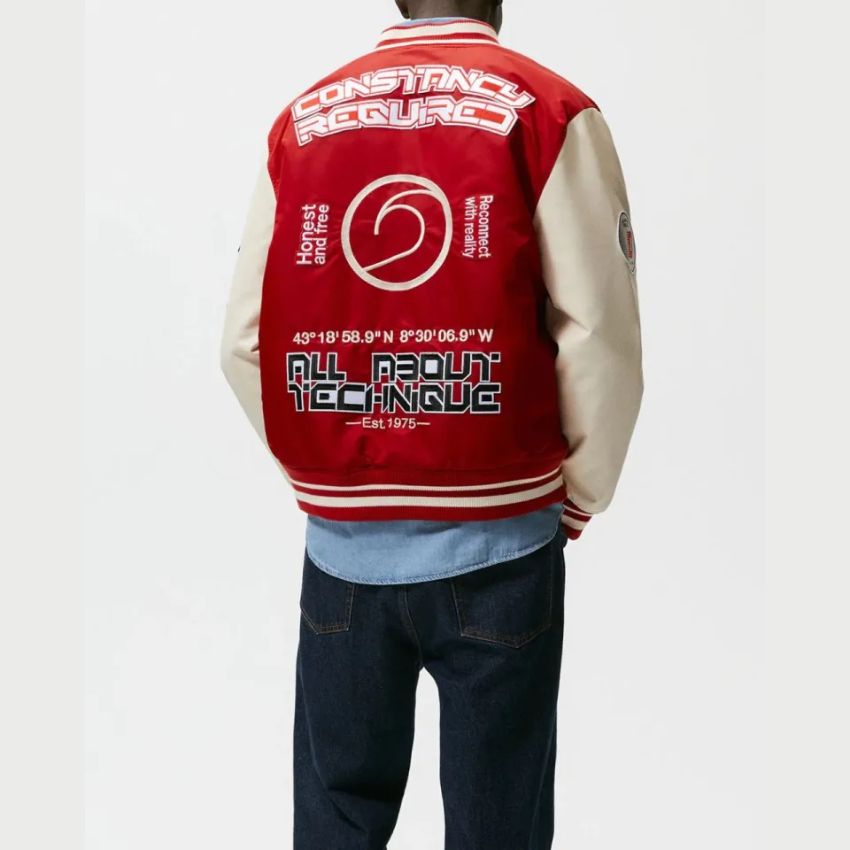 ZARA Men’s Retro-Inspired Varsity Letterman Jacket In Bold Red With White Contrast Sleeves Chenille D Patch