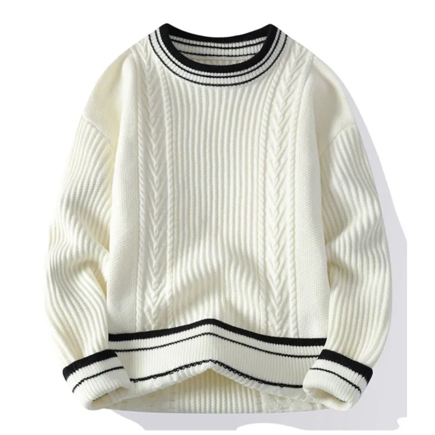 Elegant Striped Ivory Cable Knit Sweater White
