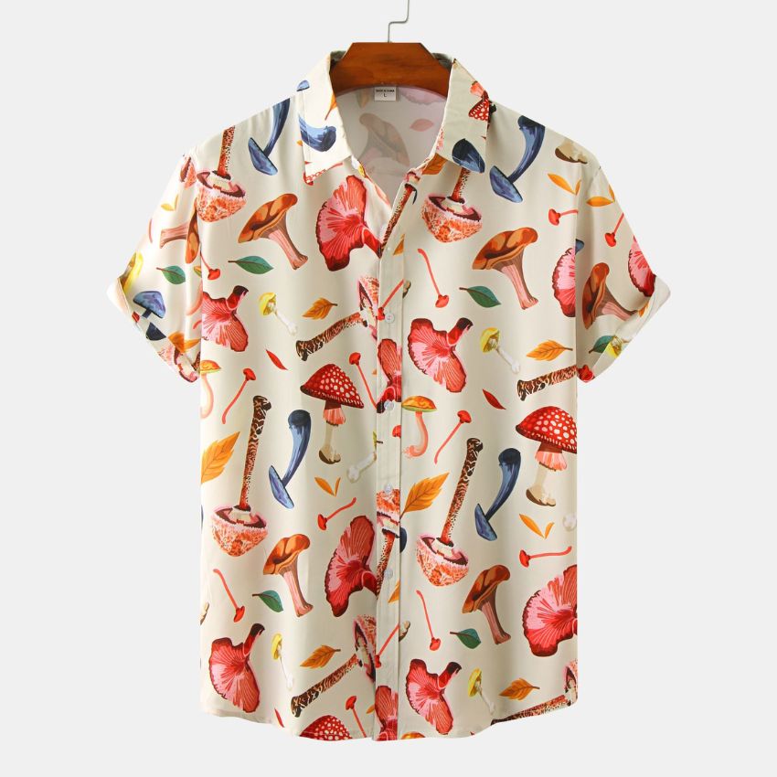 New Men's Colorful Mushroom & Nature Print Short Sleeve Shirt C191