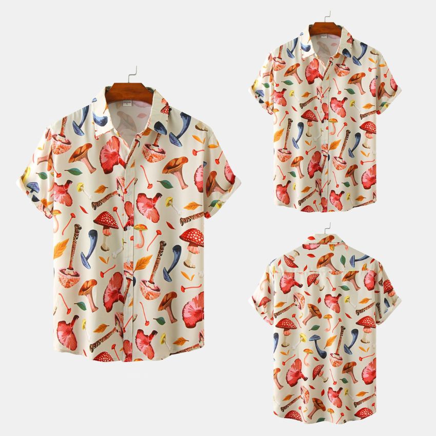 New Men's Colorful Mushroom & Nature Print Short Sleeve Shirt C191