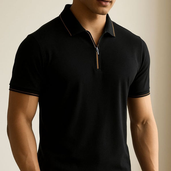 Men’s Ice Silk Contrast Half-Zip Short Sleeve Polo Shirt Black