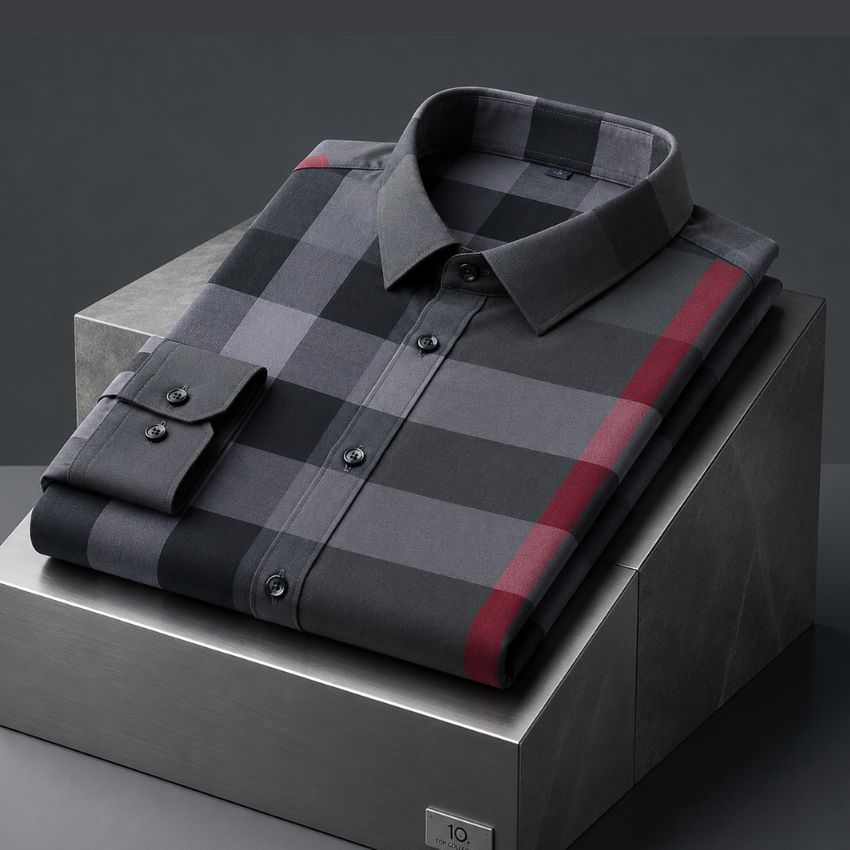Men’s Premium Dark Charcoal Plaid Long Sleeves Designer Shirt