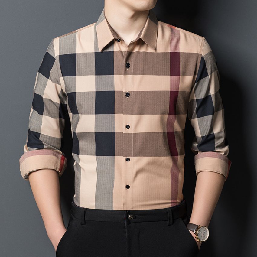 Men’s Premium Slim Fit Beige Plaid Long Sleeves Shirt
