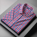 Men’s Large Size Short Sleeve Plaid Loose Plus Size Yarn Dyed Shirt Blue/Red
