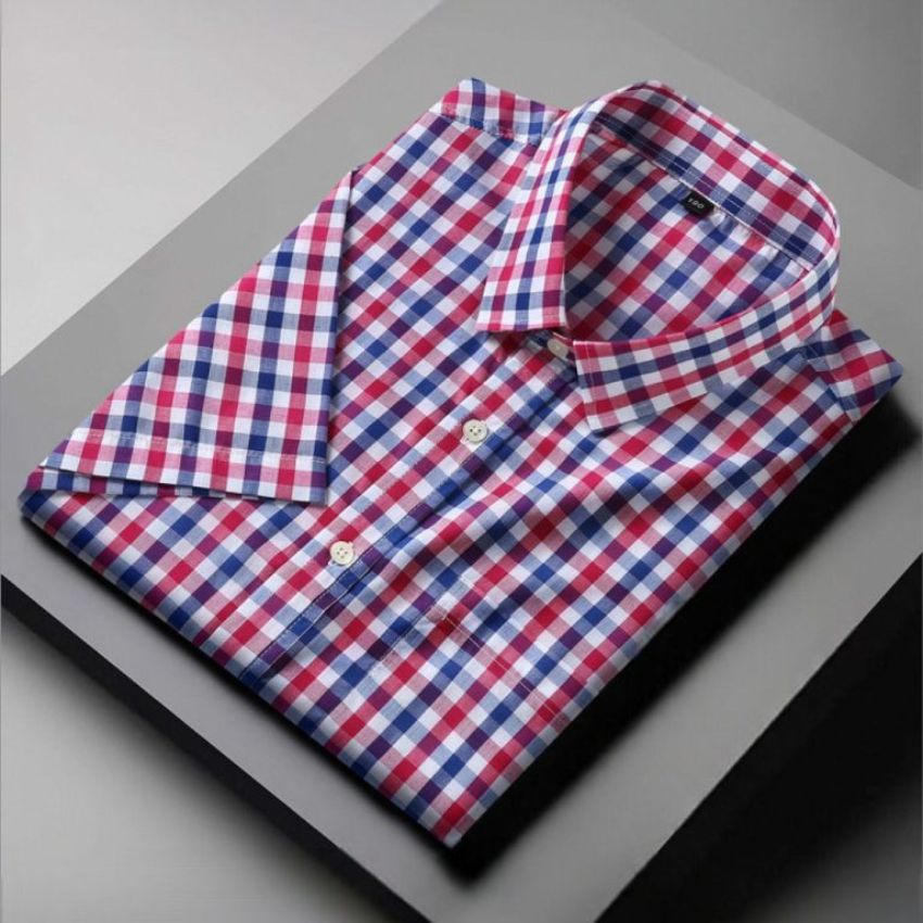 Men’s Large Size Short Sleeve Plaid Loose Plus Size Yarn Dyed Shirt Blue/Red