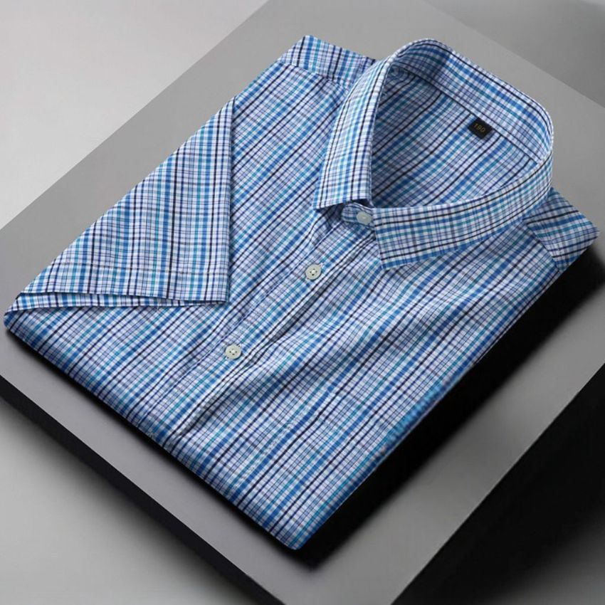 Men’s Large Size Short Sleeve Plaid Loose Plus Size Yarn Dyed Shirt Light Blue