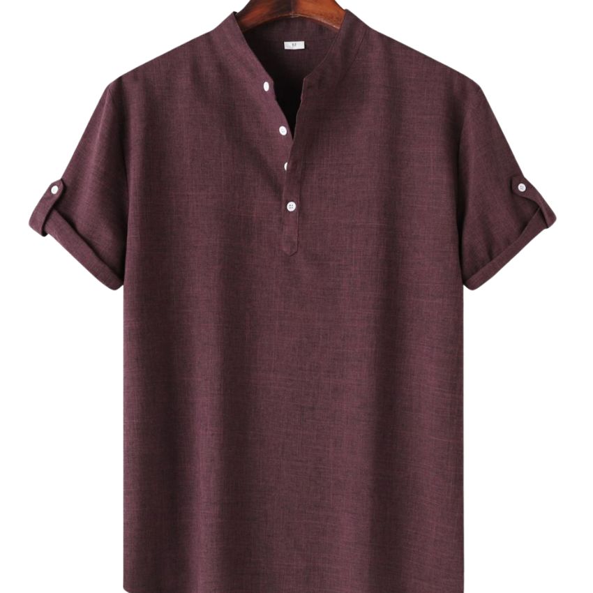 Men’s Solid Color Collar Short-Sleeved Shirt Brown