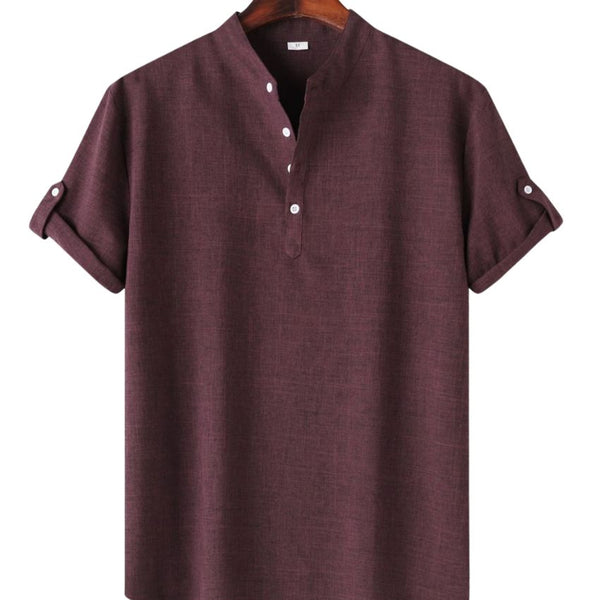 Men’s Solid Color Collar Short-Sleeved Shirt Brown