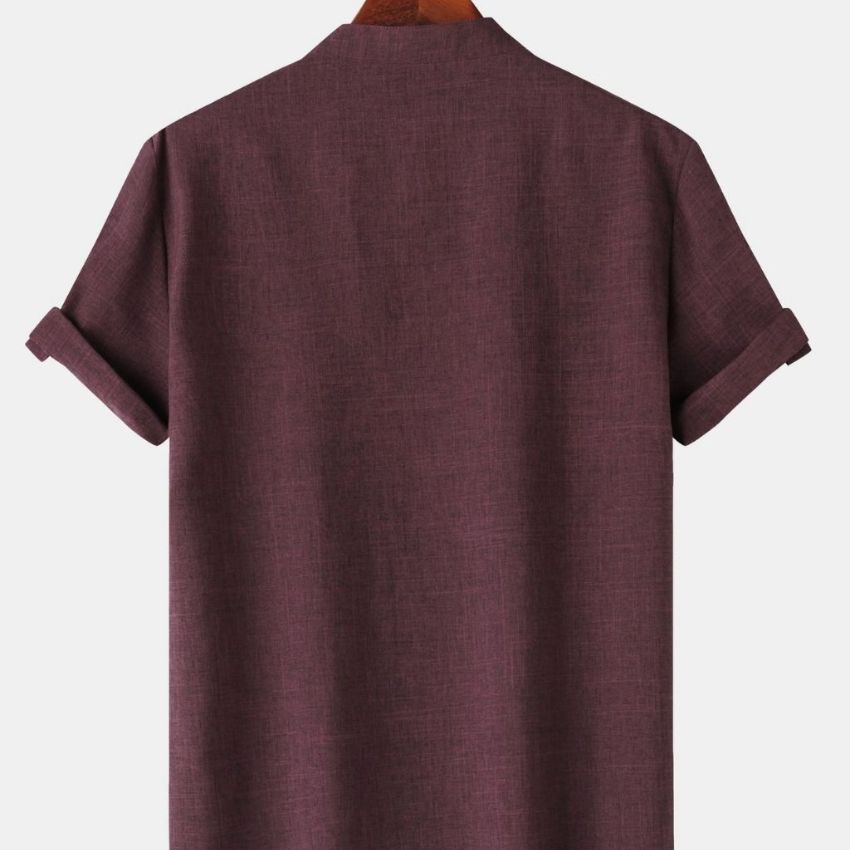 Men’s Solid Color Collar Short-Sleeved Shirt Brown