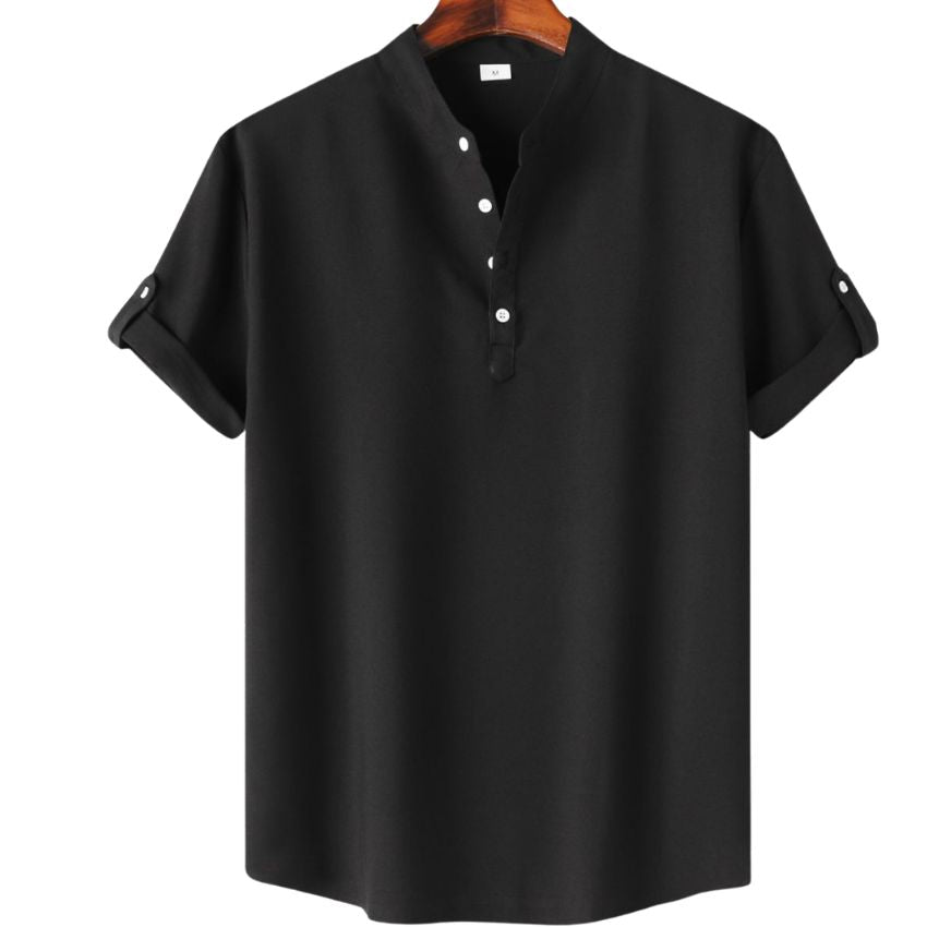 Men’s Solid Color Collar Short-Sleeved Shirt Black