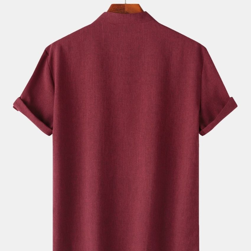 Men’s Solid Color Collar Short-Sleeved Shirt Wine Red