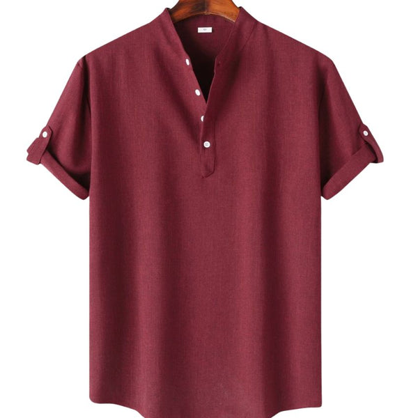 Men’s Solid Color Collar Short-Sleeved Shirt Wine Red