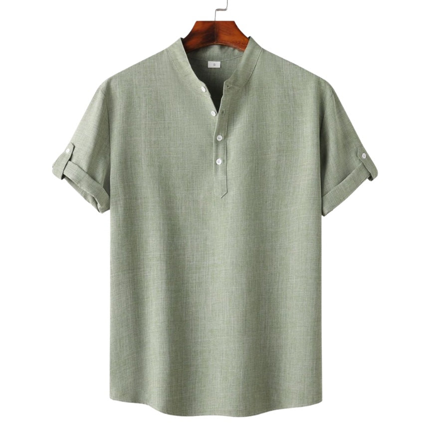 Men’s Solid Color Collar Short-Sleeved Shirt Light Green