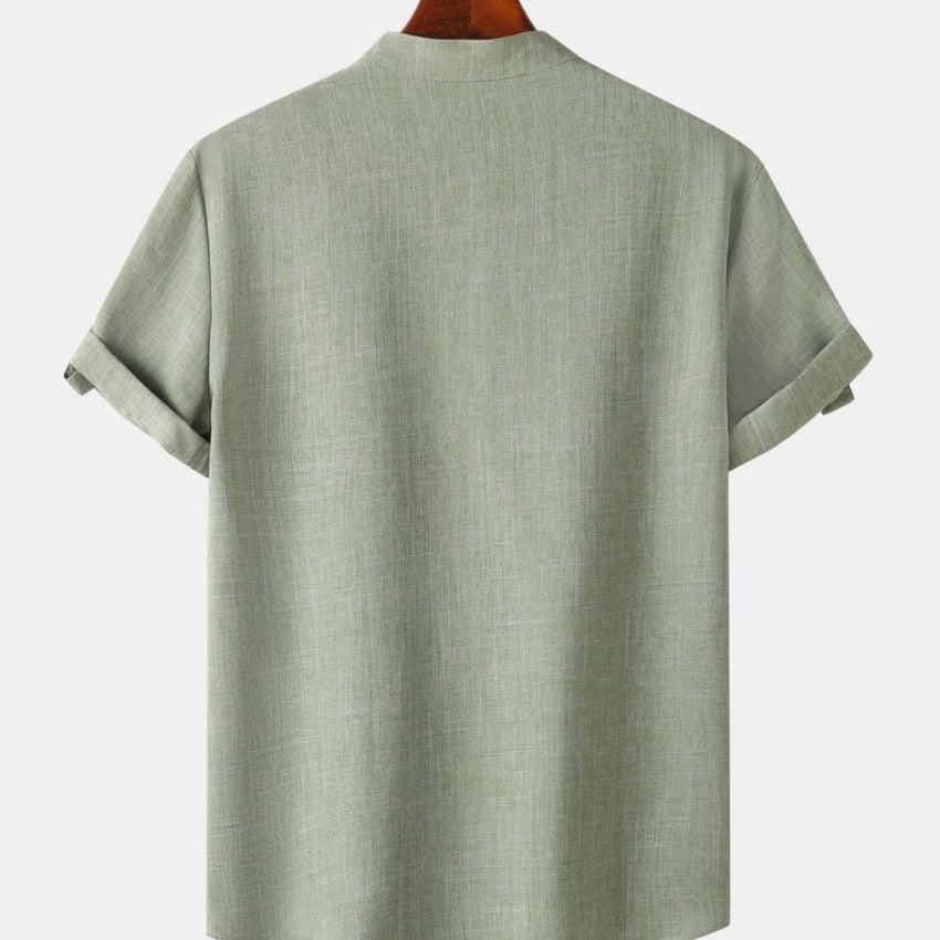 Men’s Solid Color Collar Short-Sleeved Shirt Light Green