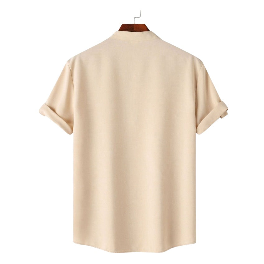 Men’s Solid Color Collar Short-Sleeved Shirt Khaki