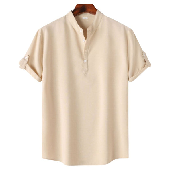 Men’s Solid Color Collar Short-Sleeved Shirt Khaki