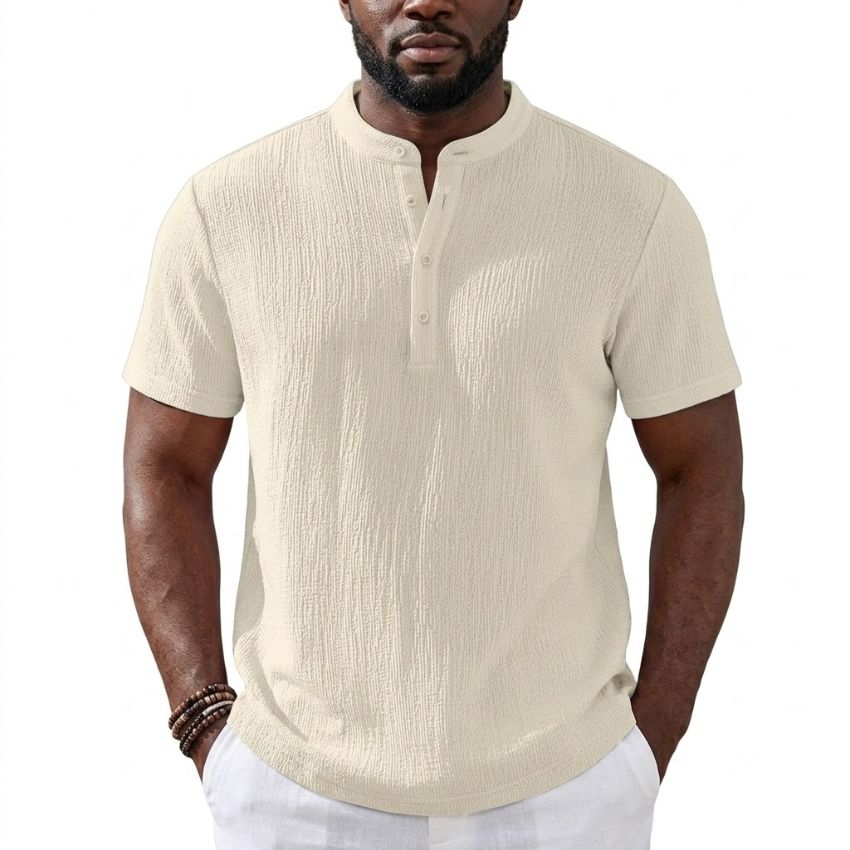 Men’s Cream Textured Mandarin Collar Knit Tee