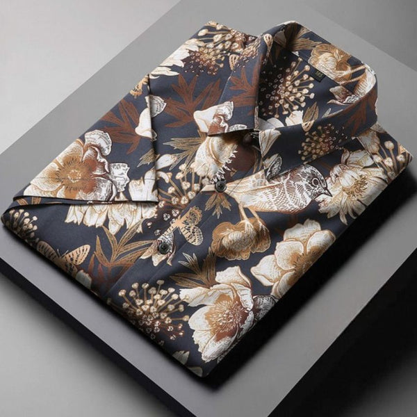 Men’s Large Short-Sleeve Floral Loose Casual Shirt Coffee