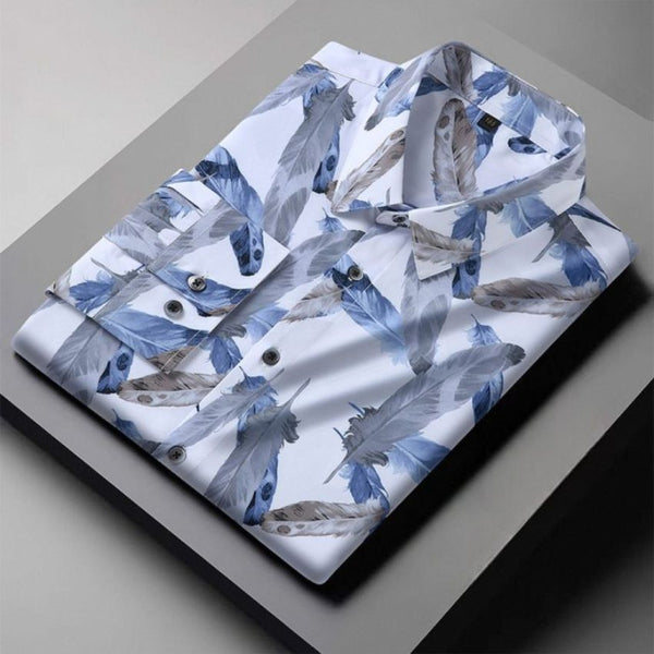 Men’s Large Long-Sleeved Floral Loose Casual Shirt White
