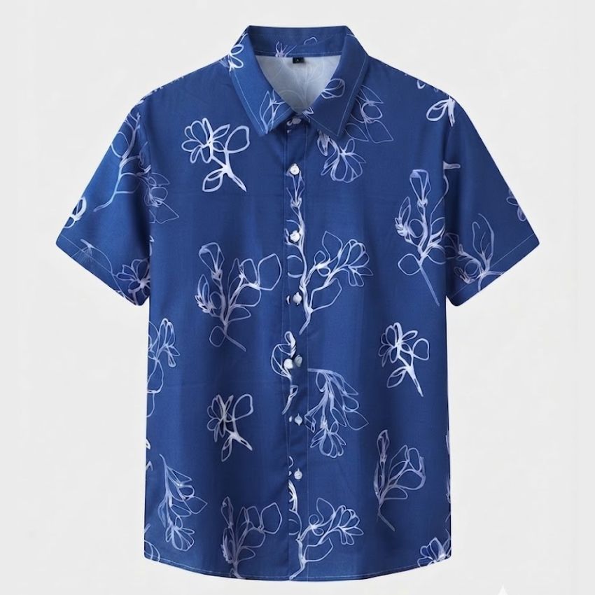 Men’s Navy Short-Sleeve Button-Up Shirt with White Floral Line Art Print C248 - Sales