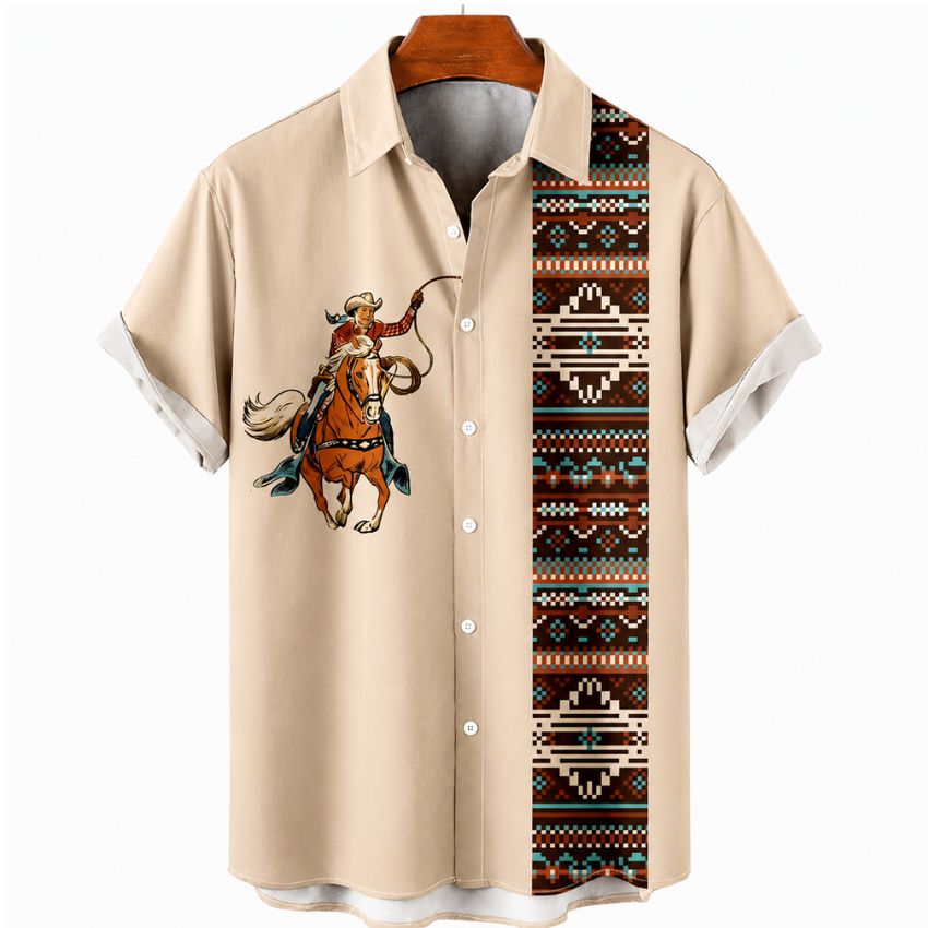 Men's Western Cowboy Horse Print Aztec Panel Shirt QNT004