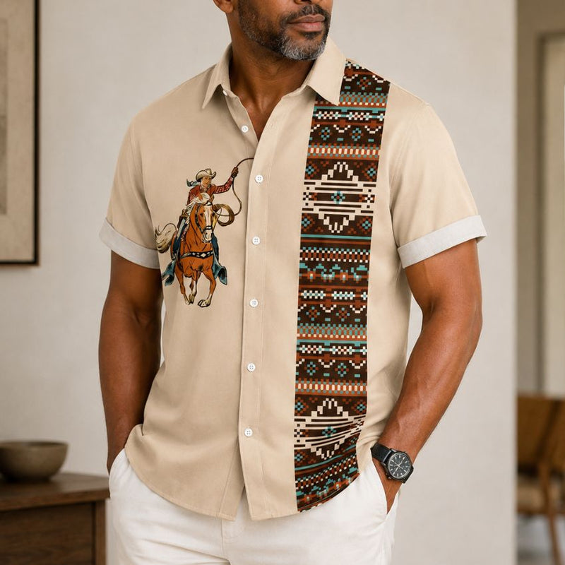 Men's Western Cowboy Horse Print Aztec Panel Shirt QNT004