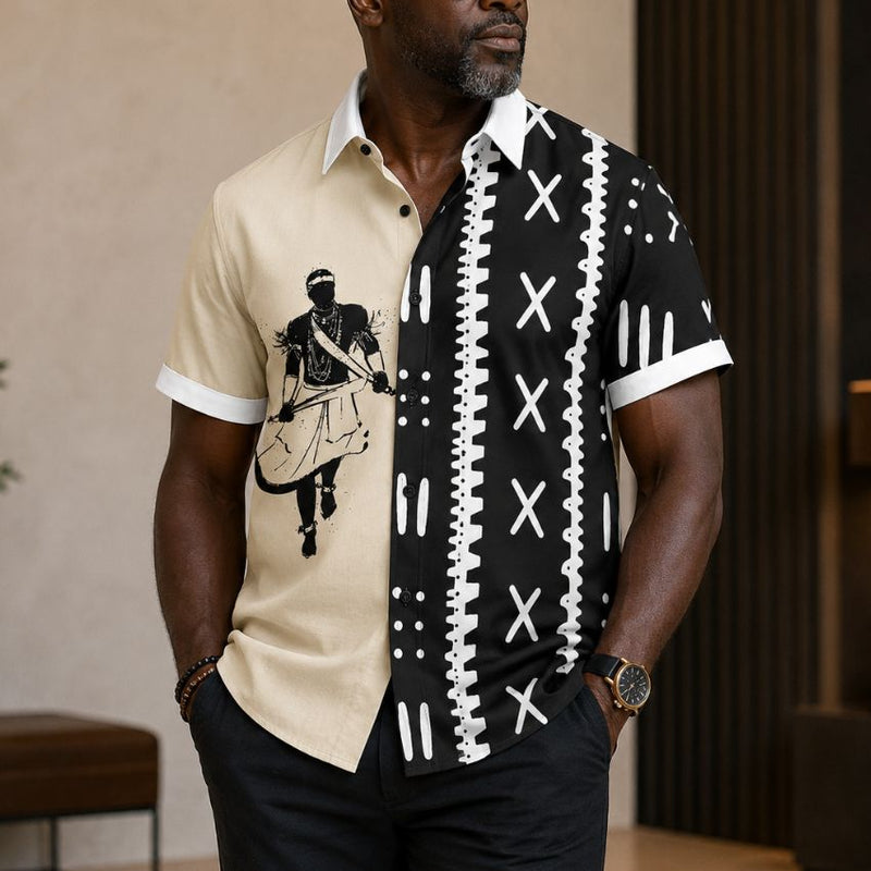 Men's Black & Cream African Print Short Sleeve Shirt