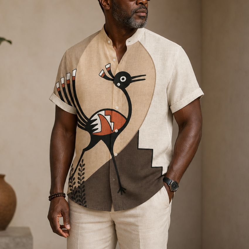 Men's Beige Artistic Bird Print Short Sleeve Shirt
