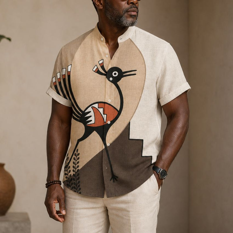 Men's Beige Artistic Bird Print Short Sleeve Shirt