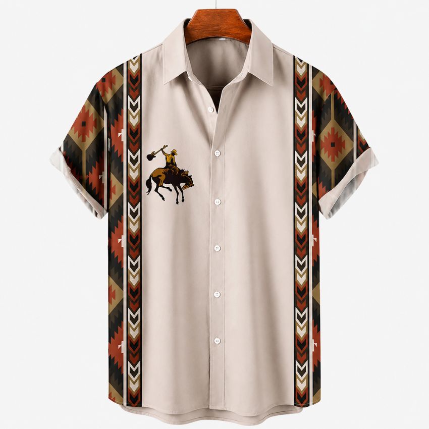 Men's Cream Aztec Print Short Sleeve Shirt