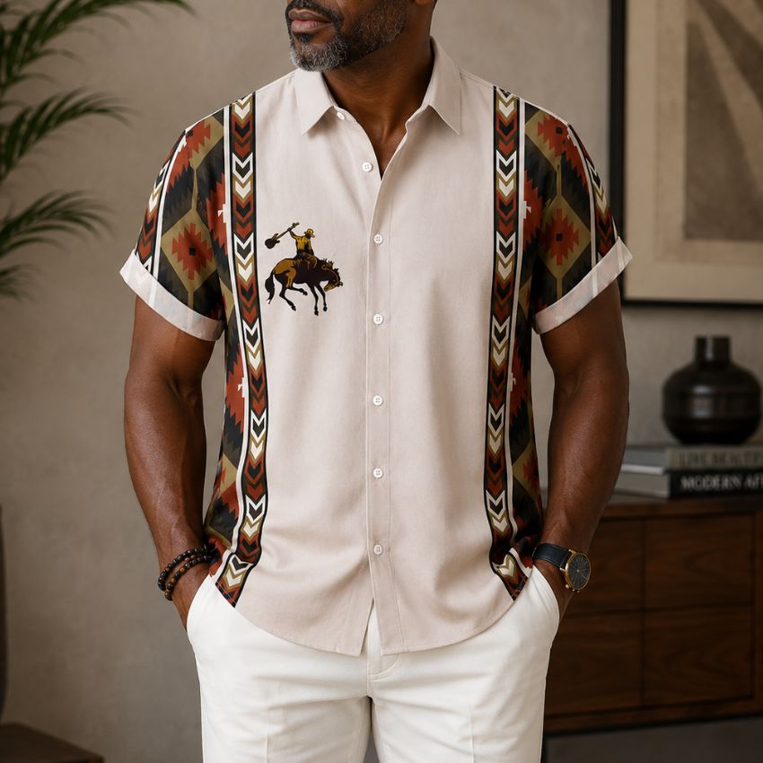 Men's Cream Aztec Print Short Sleeve Shirt