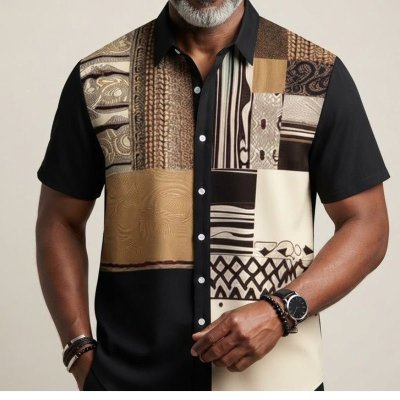 Modern Polyester Patchwork Print Short-Sleeve Casual Shirt