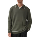 Men’s Textured Knit Long-Sleeve V-Neck Polo Sweater with Contrast White Piping Accents and Ribbed Detailing in Army Green
