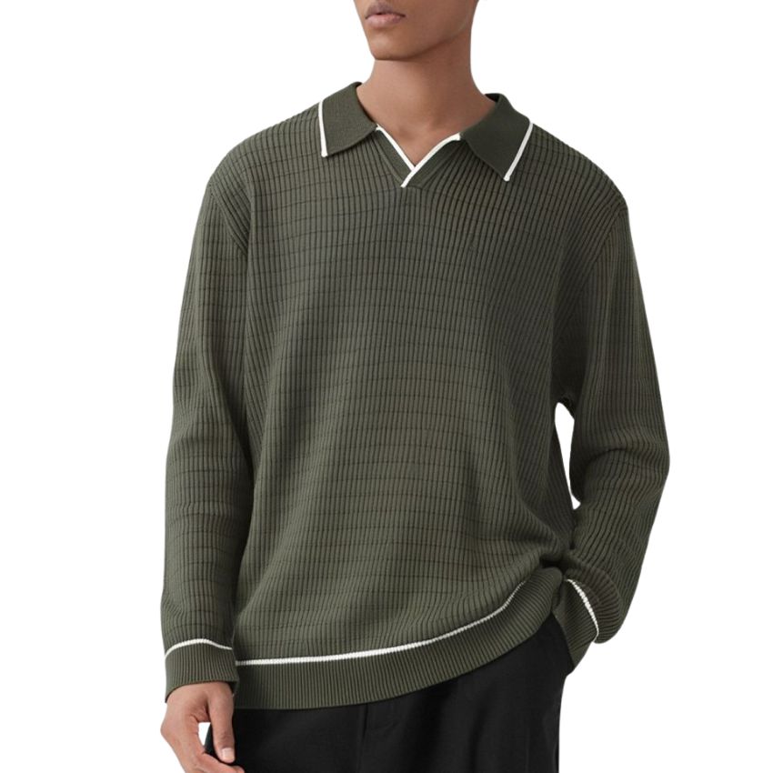 Men’s Textured Knit Long-Sleeve V-Neck Polo Sweater with Contrast White Piping Accents and Ribbed Detailing in Army Green