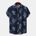 Men’s Navy Short-Sleeve Button-Up Shirt with White Floral Line Art Print