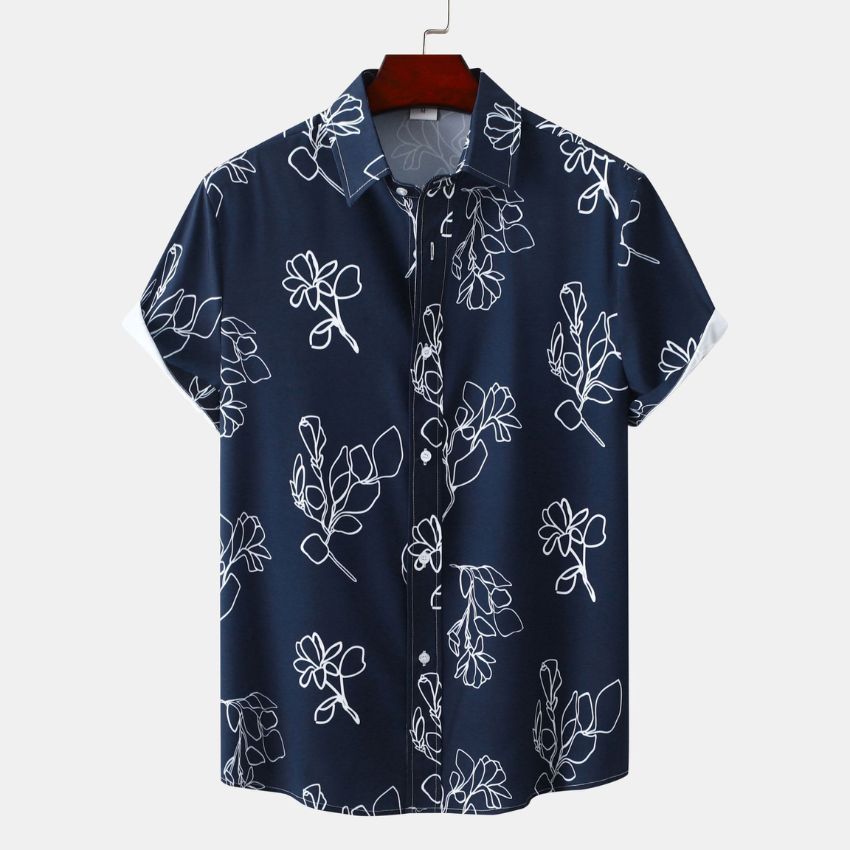 Men’s Navy Short-Sleeve Button-Up Shirt with White Floral Line Art Print