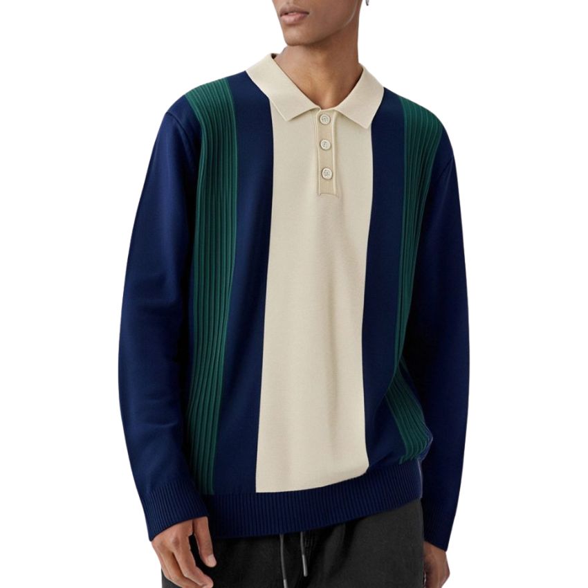 Men’s Retro-Inspired Long Sleeve Knit Polo Shirt with Vertical Color Block Stripes in Beige, Green, and Black