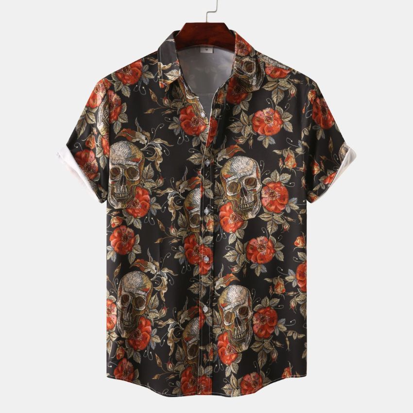 Skull & Floral Print Short-Sleeve Button-Down Shirt