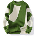 Modern Textured Abstract Patchwork Knit Sweater Green