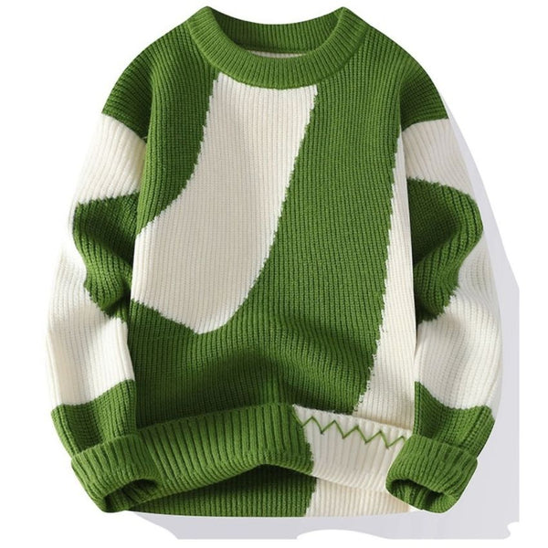 Modern Textured Abstract Patchwork Knit Sweater Green