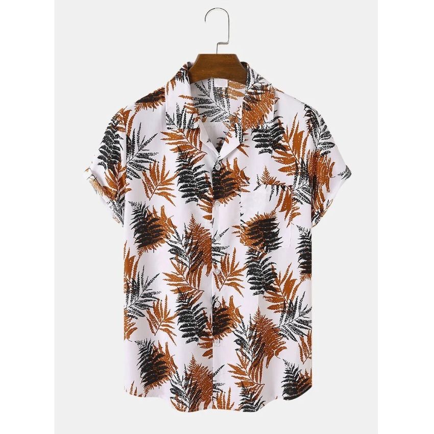 XH08 Summer Button-Down with Botanical Design Short-Sleeve Shirt - Noriastylez