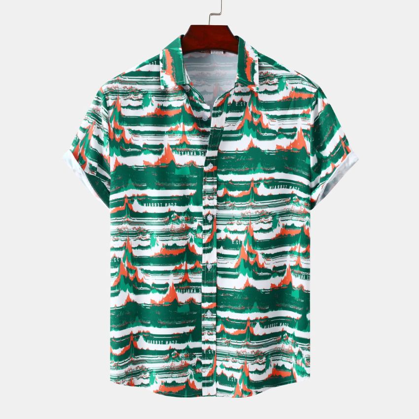 Men’s Green & Orange Abstract Print Short-Sleeve Button-Up Casual Shirt