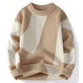 Modern Textured Abstract Patchwork Knit Sweater Khaki