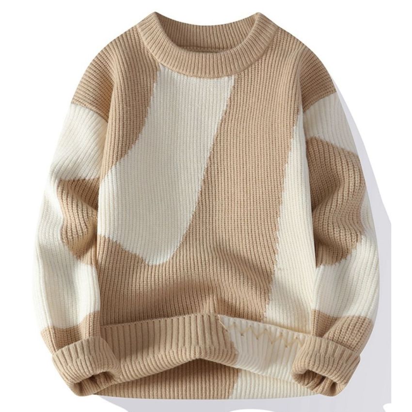 Modern Textured Abstract Patchwork Knit Sweater Khaki