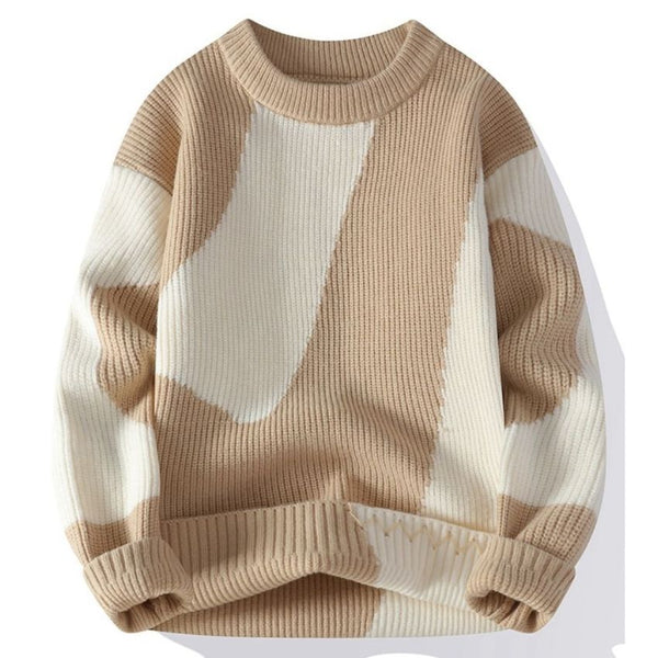 Modern Textured Abstract Patchwork Knit Sweater Khaki