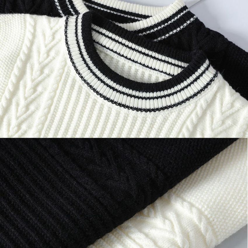 Elegant Striped Ivory Cable Knit Sweater Black