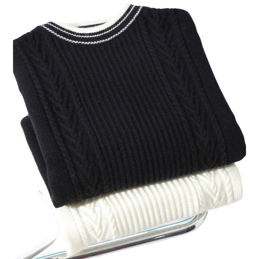 Elegant Striped Ivory Cable Knit Sweater Black