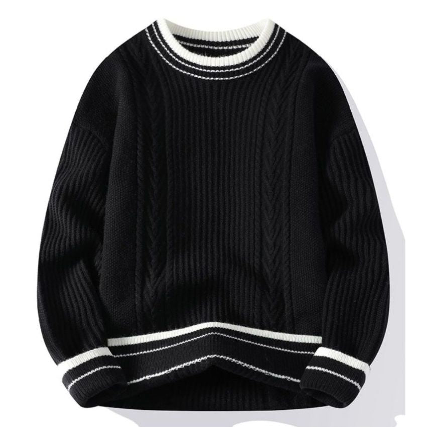 Elegant Striped Ivory Cable Knit Sweater Black